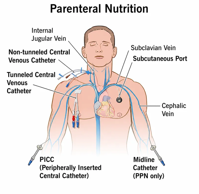 Parenteral Nutrition Access Sites and Catheter Types