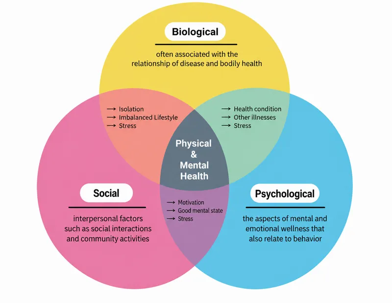 Health psychology integration diagram showing interconnected domains of biological, psychological, and social factors