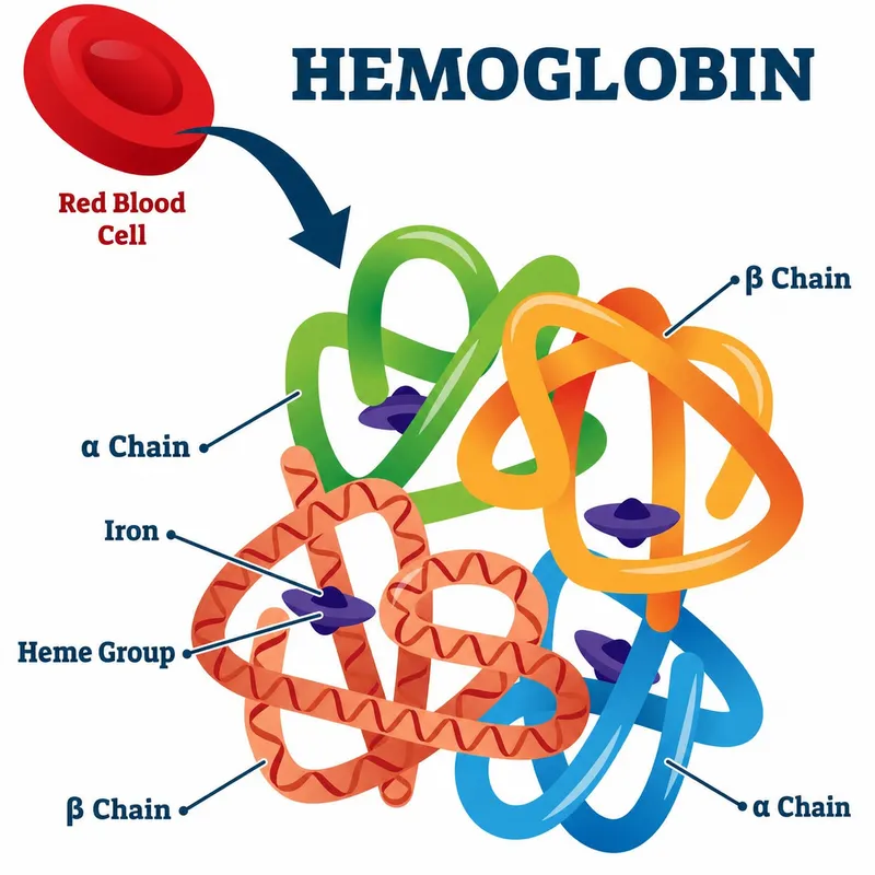 Hemoglobin structure with alpha, beta chains, heme, and iron