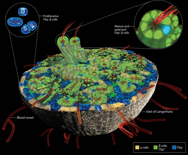Islet of Langerhans cell types and relative locations