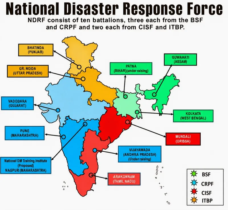 Map showing NDRF battalion locations across India