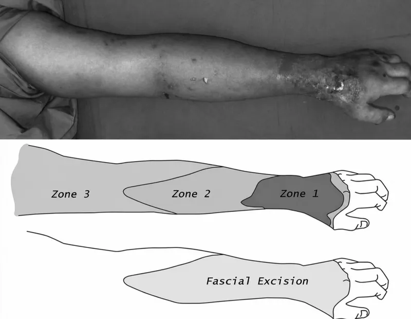 Necrotizing fasciitis zones and surgical approach