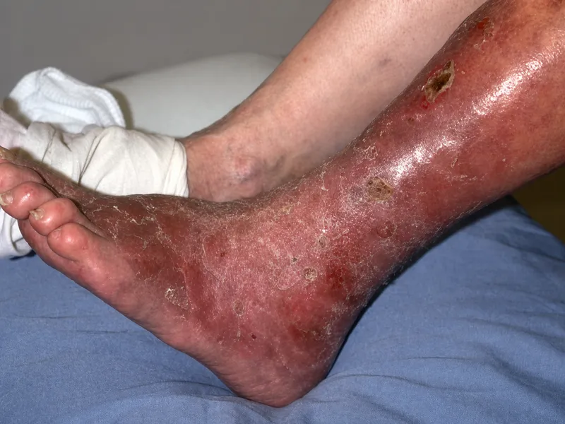 Stasis dermatitis with erythema, scaling, and edema