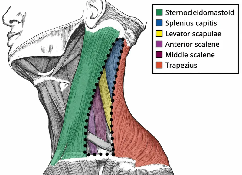 Anatomical diagram showing anterior and posterior triangles of neck with boundaries