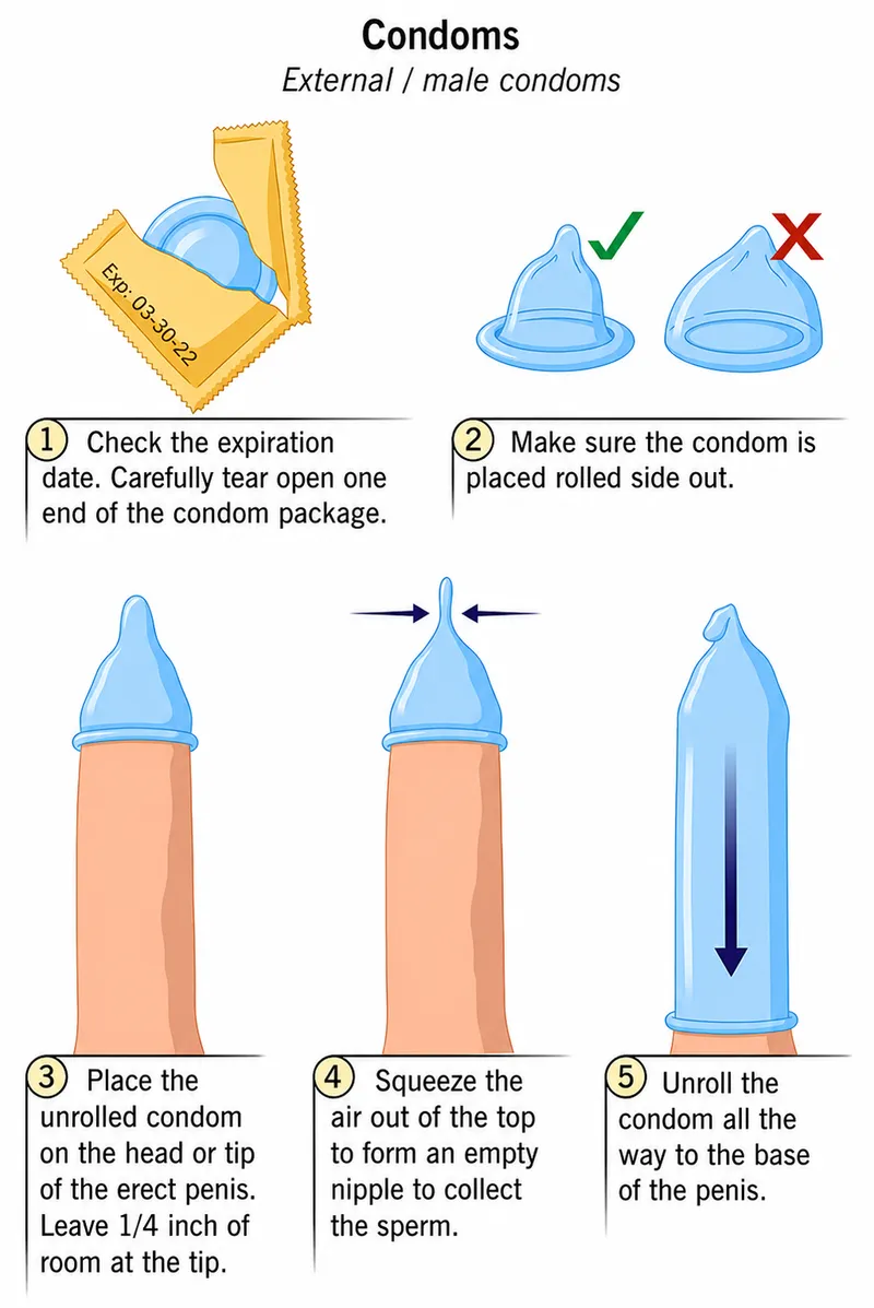 Steps for correct male condom usage