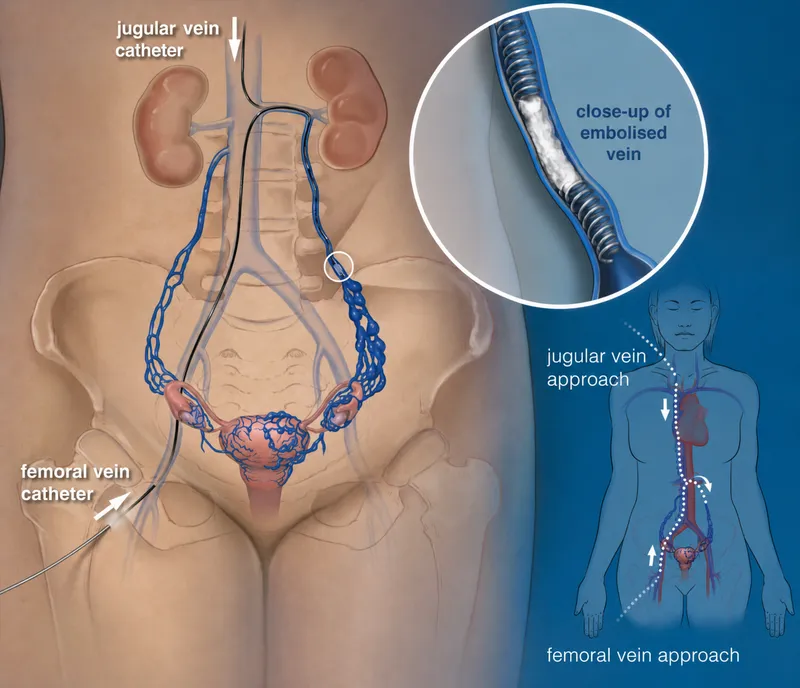 Pelvic vein embolization approaches