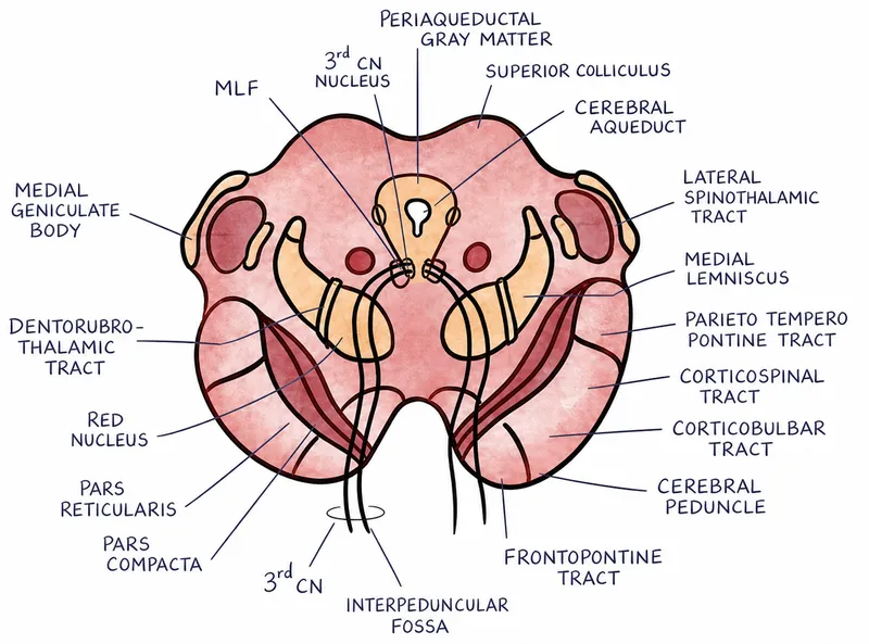 Midbrain cross-section with labeled structures