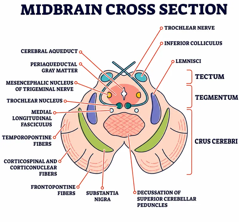 Midbrain Cross-Section with Tectum, Tegmentum, Crus Cerebri