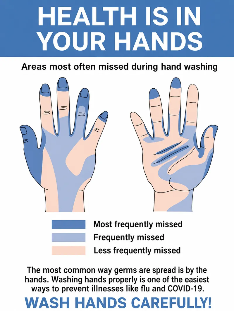 Areas most often missed during hand washing