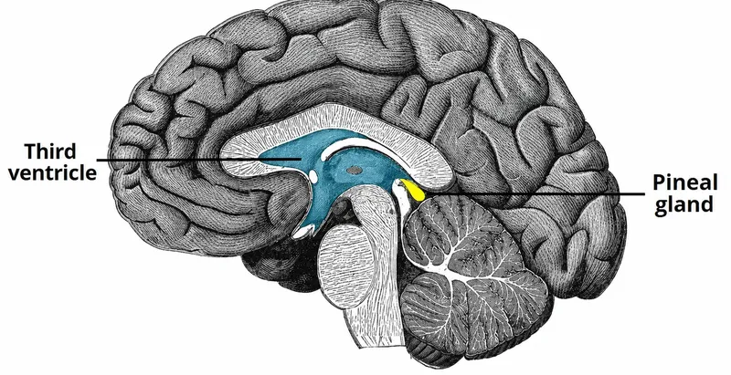 Sagittal view of pineal gland and third ventricle