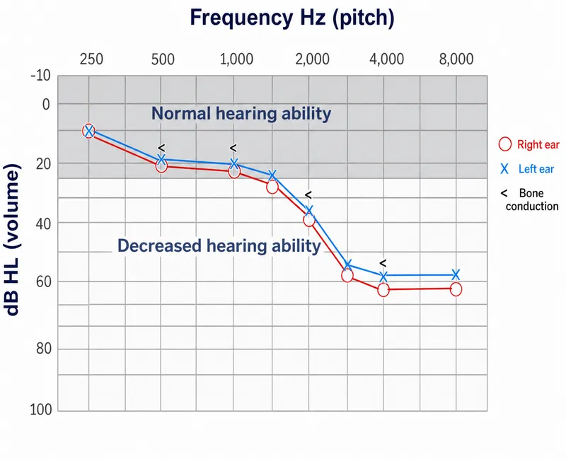 Audiogram showing hearing loss patterns
