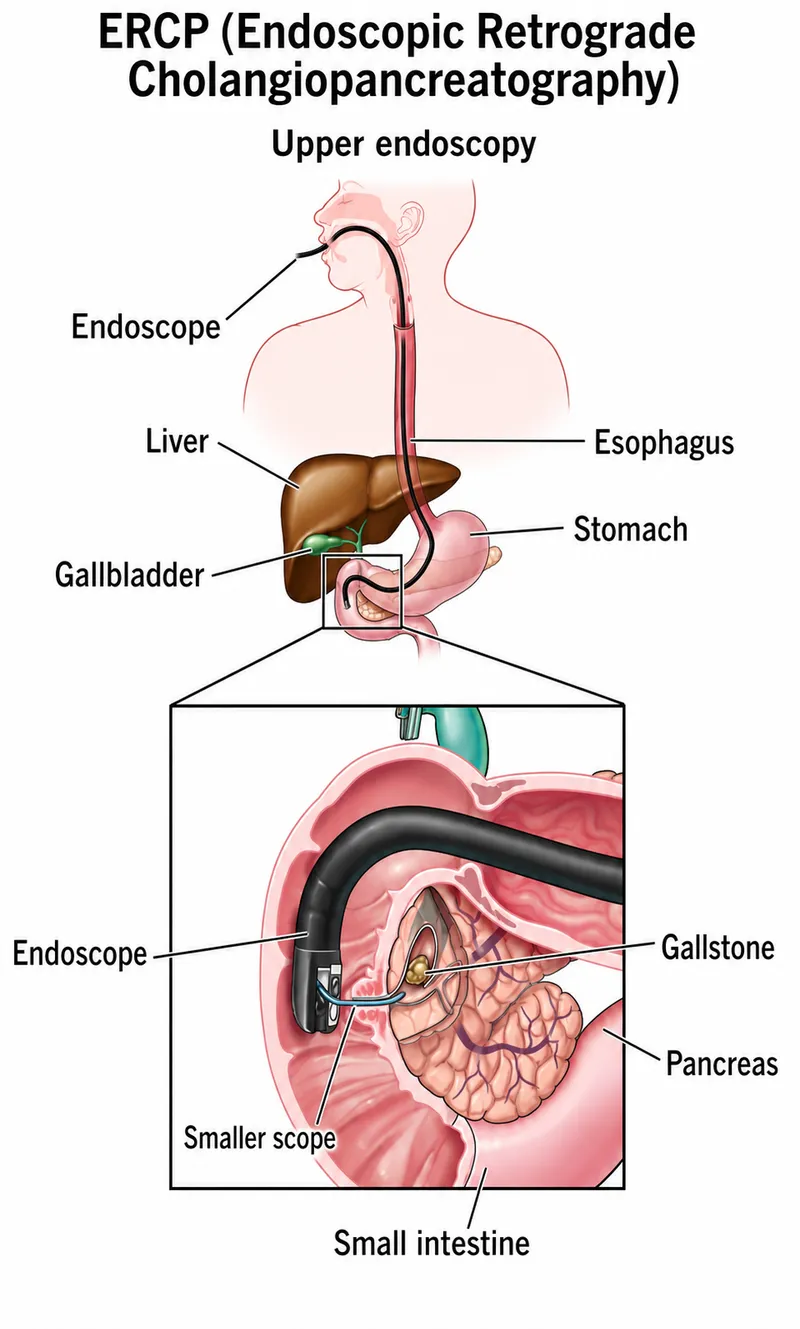 ERCP procedure showing scope and gallstone removal