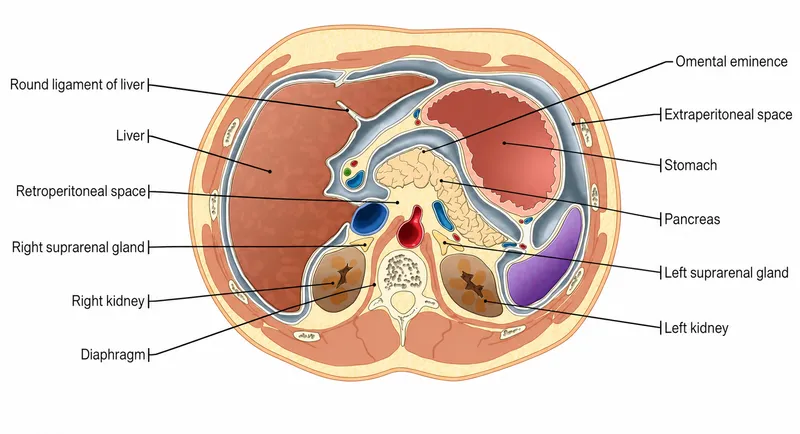Axial view of upper abdomen anatomy