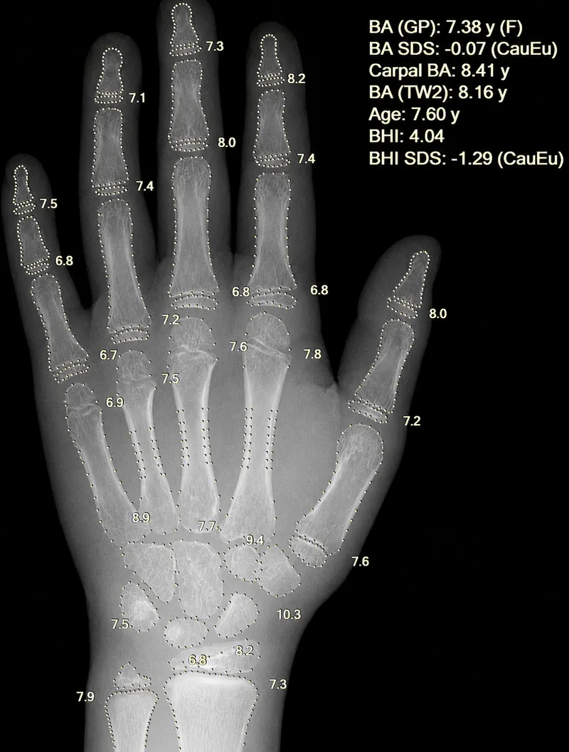 X-ray left hand and wrist with bone age overlay