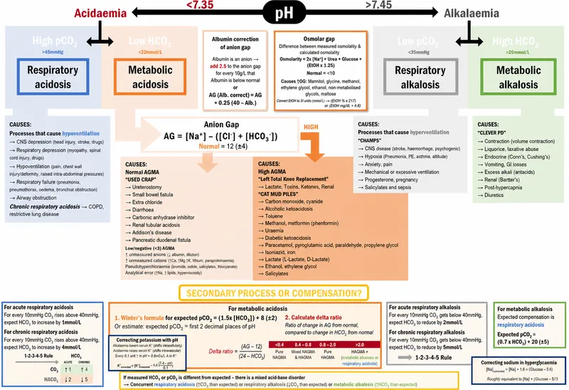 Blood gas analysis chart showing acid-base disorders and compensation patterns