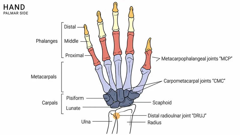 Labeled diagram of hand and wrist joints, palmar view