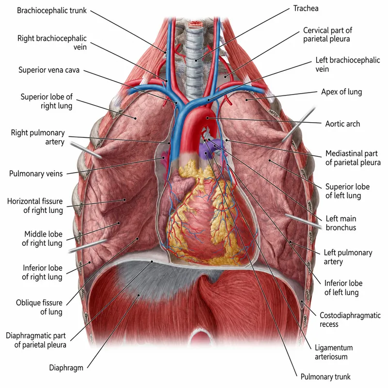 Thorax anatomy: lungs, heart, trachea, bronchi, pleura
